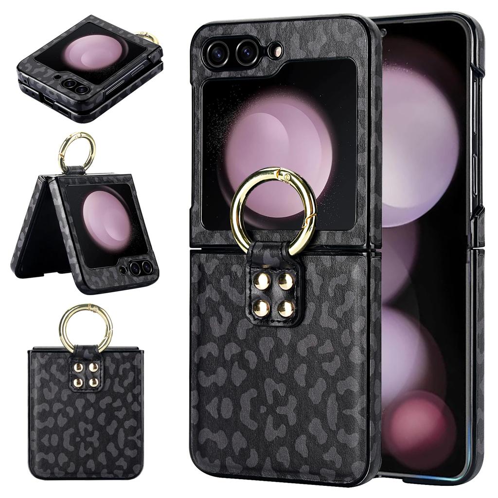 Ring Holder Matte Leather Case For Samsung Galaxy Z Flip 6 5 4 3 Flip5 Flip4 5G Leopard Pattern Ultra Thin Skin Feeling Cover