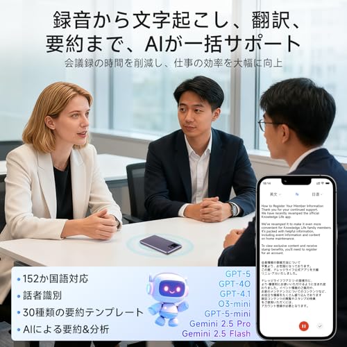 LUNPEAR AI Voice Recorder with One-Touch Recording, Transcription, Compact, GPT-5, Supports 152 Languages, 64GB Capacity, 35 Hours of Continuous Use,