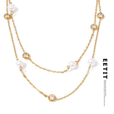 New Square Chain Stylish Stainless Steel Simulated Pearls Layered Stacking Necklace Women Fashion Charm Collar Jewelry