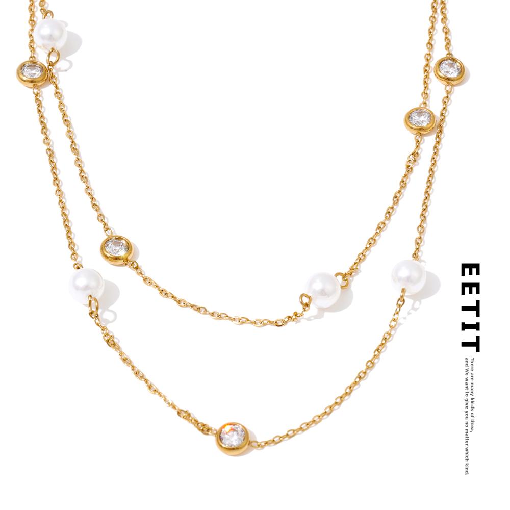 Eetit New Square Chain Stylish Stainless Steel Simulated Pearls Layered Stacking Necklace Women Fashion Charm Collar Jewelry
