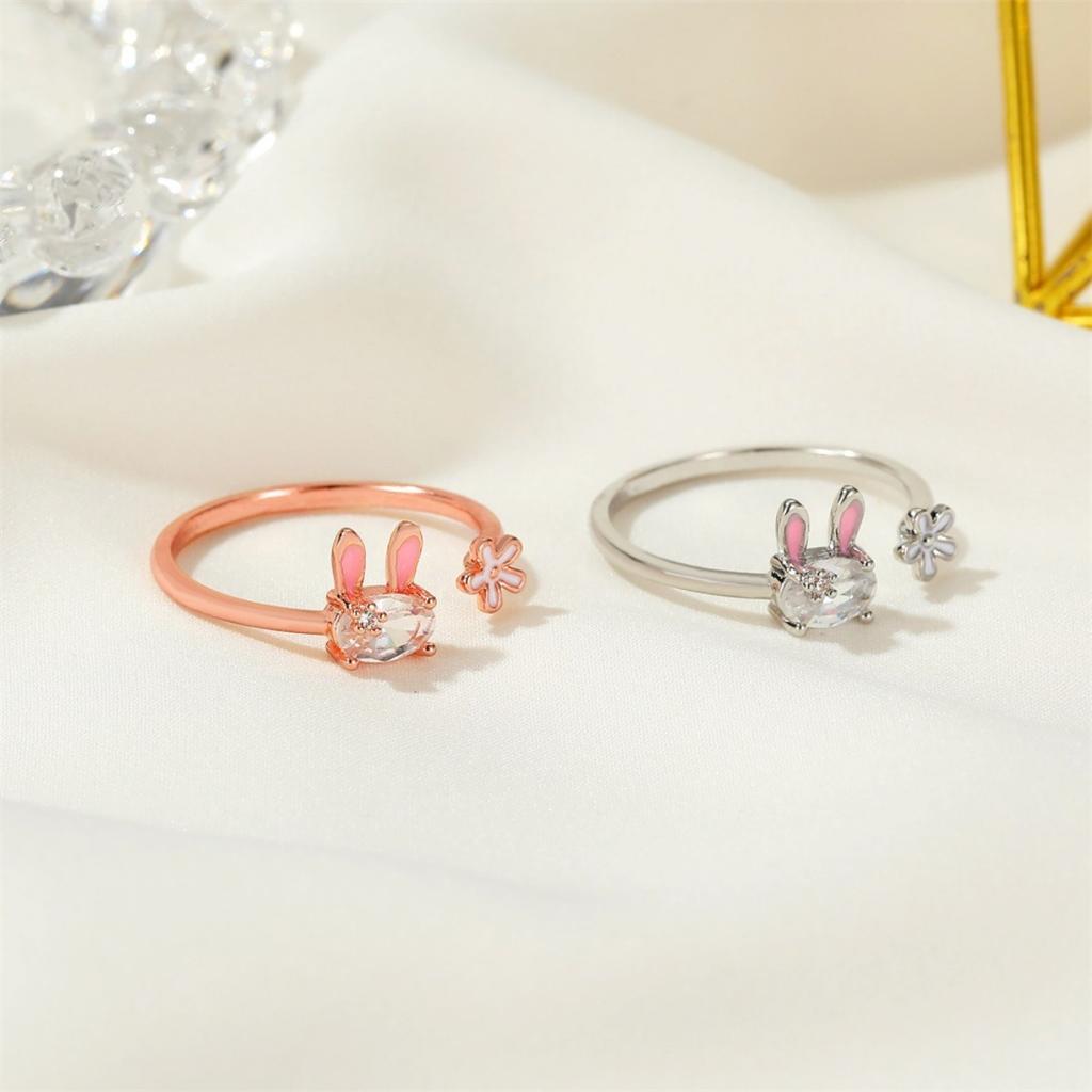 Open Adjustable Rabbit Flower Ring Oval Shiny Stone Pink Ear Enamel Cute Animal Floral Finger Jewelry for Women