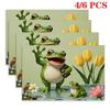 4/6pcs Rectangular Placemats - 18X12 Inches Cartoon Green Frog Holding Book Sitting by Water with Small Frog Tulip Lotus 2D Element Pattern Design Eas