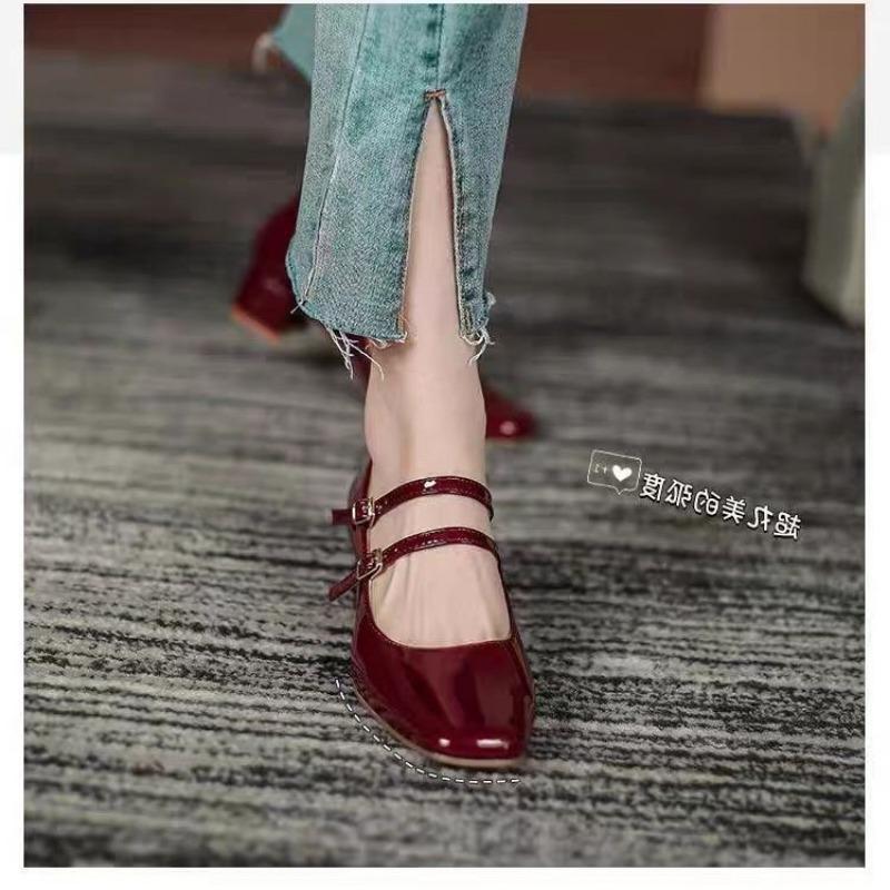 Fashion Spring Autumn Women Double Buckle Mary Janes Shoes Patent Leather Dress Square Head Square Heel Solid Color Women's Pumps