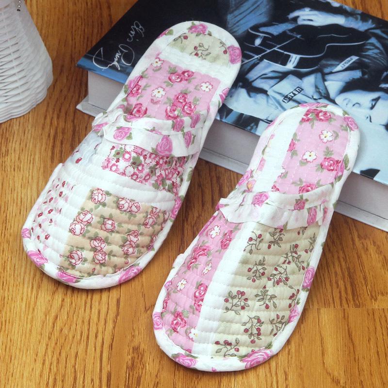 Pastoralne damskie pikowane kapcie bawełniane: Miękkie, Ciche, Oddychające, Pełne Palce, Cienka Podeszwa