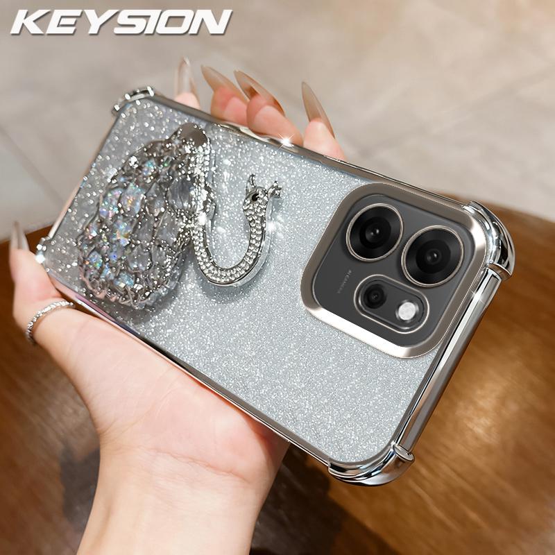 

KEYSION Противоударный чехол с гальваническим покрытием для OPPO Reno14 F 5G 13F Прозрачный ТПУ с блестками, инкрустированный драгоценностями, подставка-лебедь, задняя крышка для OPPO Reno13 F 5G 14F for OPPO Reno14 F 5G серебряный