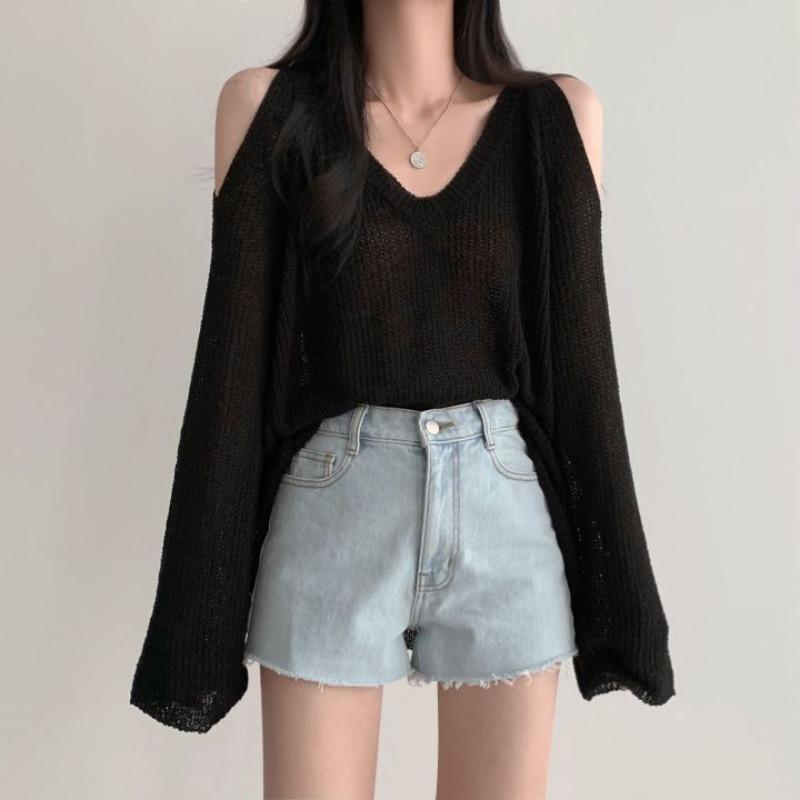 Chic Loose V-neck Off Shoulder Casual Knitted Pullovers Women Summer Thin Long Sleeve Knitwear Women Solid Elegant Fashion Sweater Woman Clothes 26587