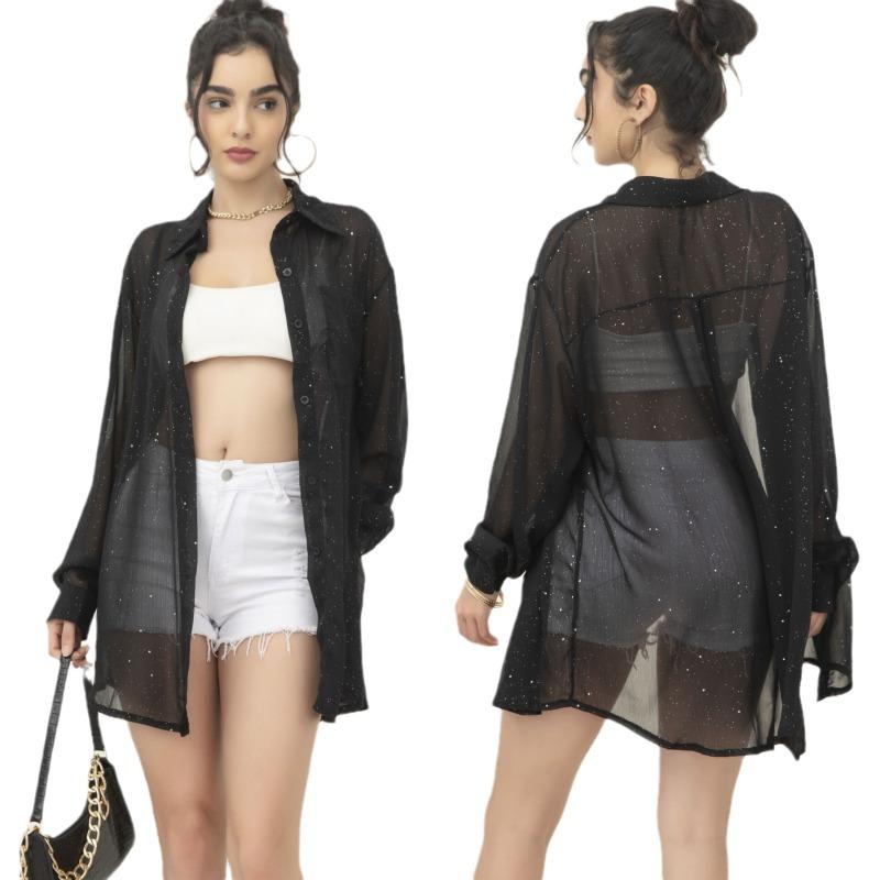 Women's Fashionable Long-sleevedThin Lapel Sequined Shirt and Casual Shirt