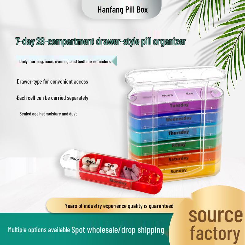 Weekly 28-Compartment Pill Organizer Box, Independent Drawers for Convenient Tablet Storage, PP Plastic.