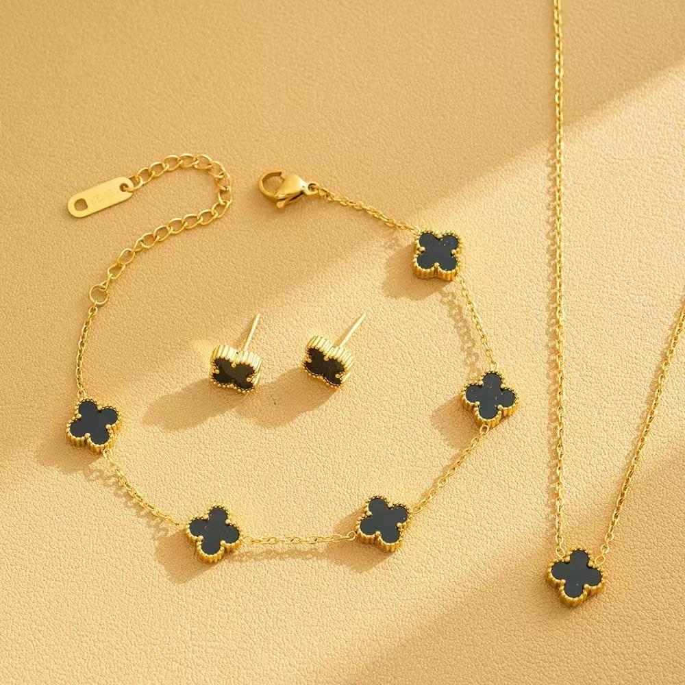 Titanium Steel 9mm Small Four-leaf Clover Bracelet Necklace and Earring Set Colorfast Luxury Jewelry