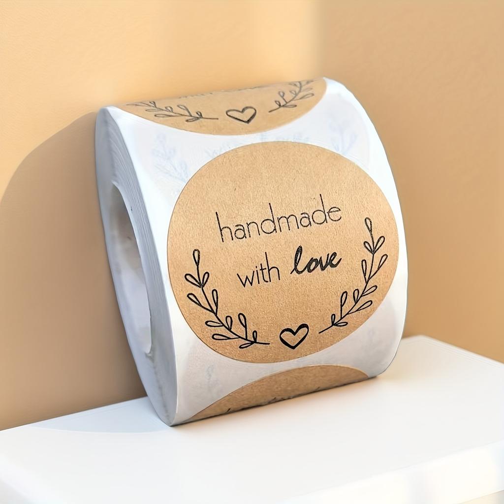 500pcs Handmade Kraft Paper Stickers - 3.81cm X 3.81cm Round Labels with "Handmade with Love" Design, Heart & Floral Patterns