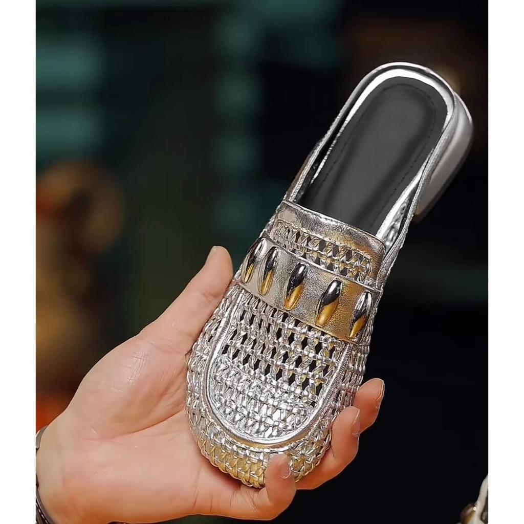 Fashion Shoes Slippers Women Summer Fretwork Heels Slides Cover Toe Square heel Female Mule Pantofle Block Mules 2025 Round Cover Toe Sh