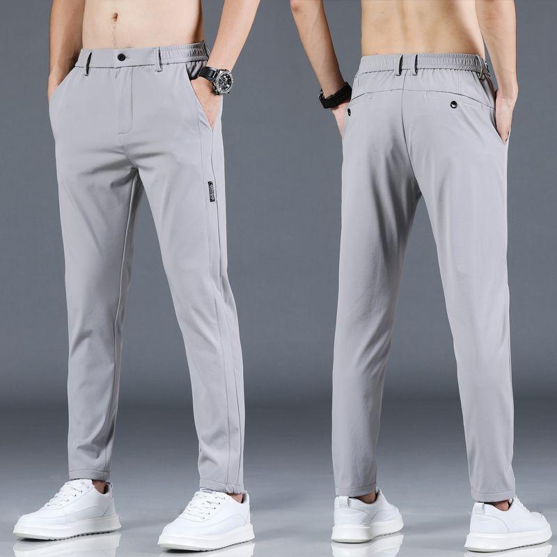 Ice Silk Men's Pants Summer Black Gray Thin Business Casual Pants Outdoor Elastic Breathable Straight Leg Sports Pants