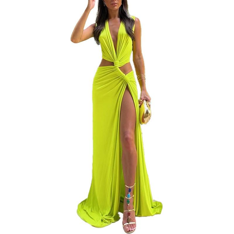 2026 Womens Sleeveless V-Neck Long Dress With Asymmetrical Hem Side Slit Solid Color Elegant Fit-and-Flare Style