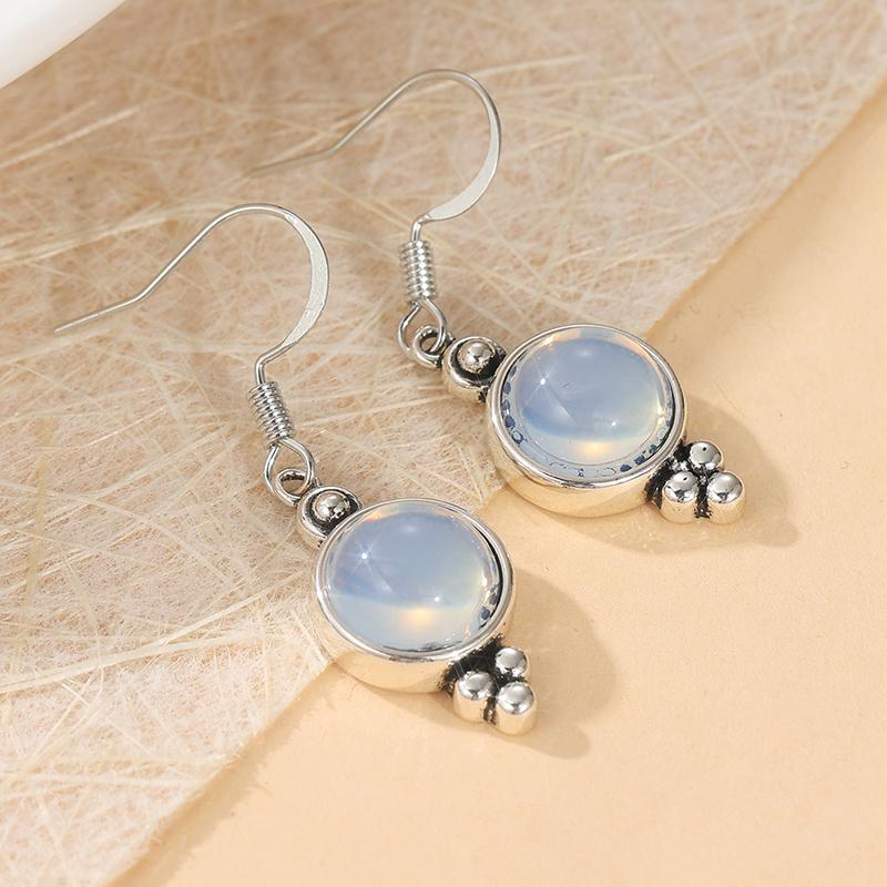 Vintage Okrągłe Wkładane Kolczyki Wiszące z Imitacją Kamienia Księżycowego Damskie Styl Etniczny Wiszące Sztyfty Bankietowe Ślubne Akcesoria Biżuteria