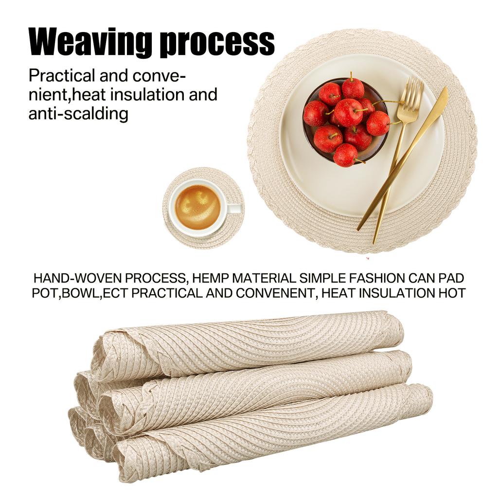 6Pcs Round Table Mat and Cup Coasters Set Woven Ramie Placemats Anti Slip Dining Placemats Non-Slip Tableware Bowl Pads Kitchen