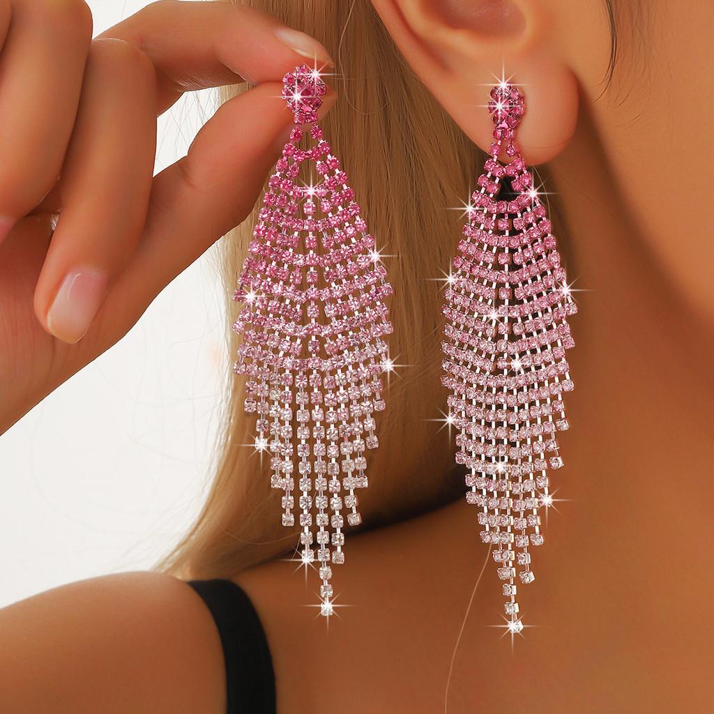 Ladies Light Luxury Rhombus Long Tassel Shines Crystal Ear Drop