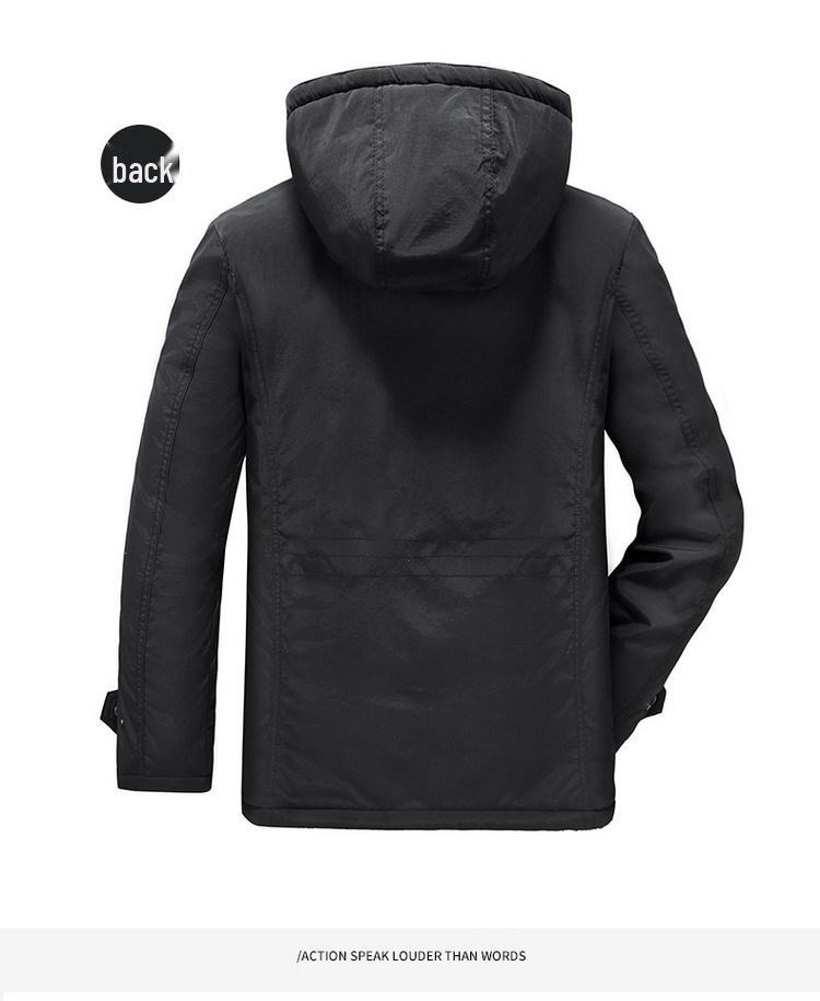 Men's Fleece-Lined Winter Coat - Thick, Casual, Multi-Pocket, Mid-Length Jacket for Middle-Aged and Elderly