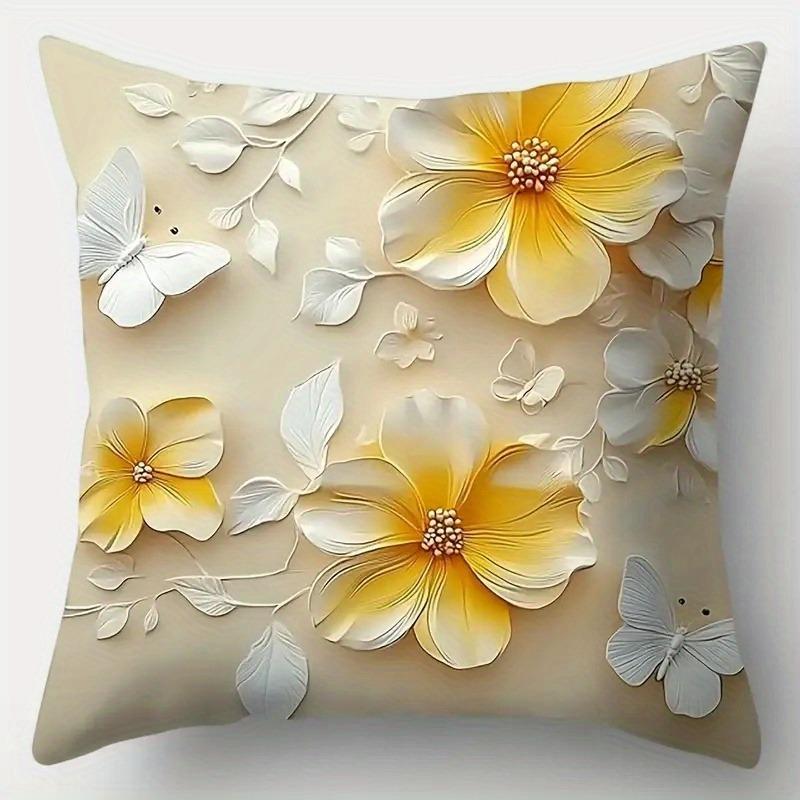 Golden Floral & Butterfly Pillowcase: 2D-Style Bloom Pattern Cushion Cover For Warm Home Sofa Decor