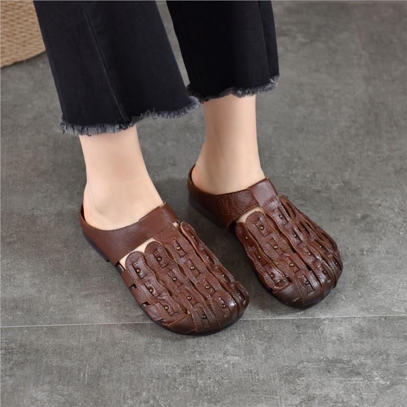 Johnature Genuine Leather Round Toe Flat Slippers Hollow Out Soft Soled Outdoor Slides Women's Slip-on Sheos