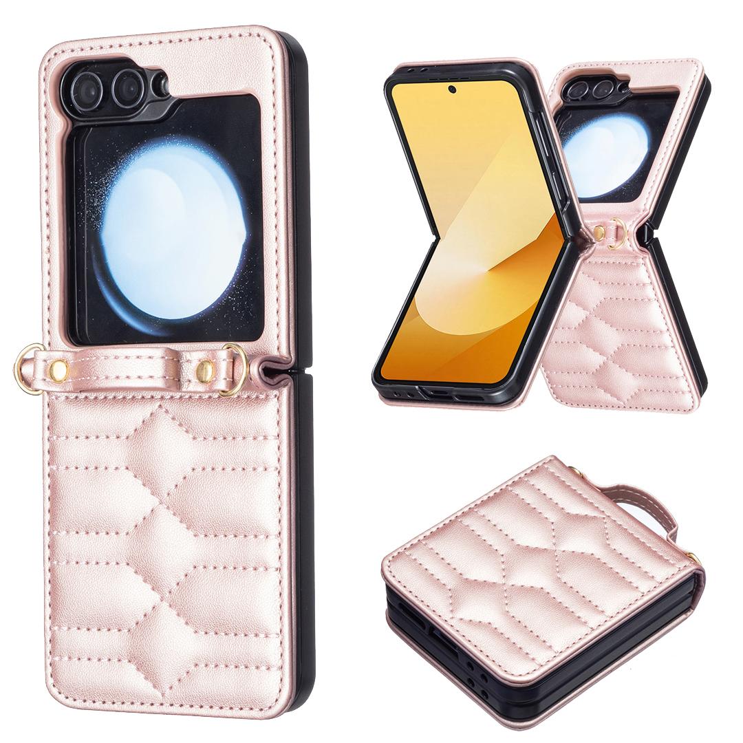 

For Samsung Galaxy Z Flip7 FE 5G/Z Flip6 5G/Z Flip5 5G Leather Case V-Shape Grip Back Cover with Shoulder Strap F