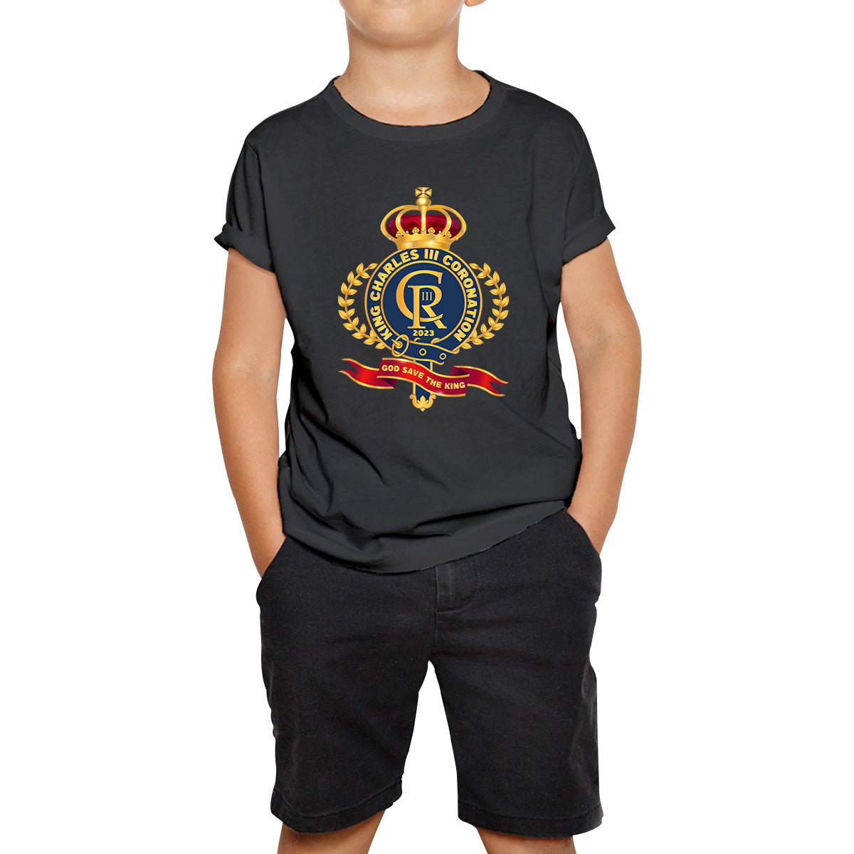 King Charles III Coronation 2023 CR III God Save The King Royal Crown United Kingdom Ruling Monarch Kids T Shirt 150