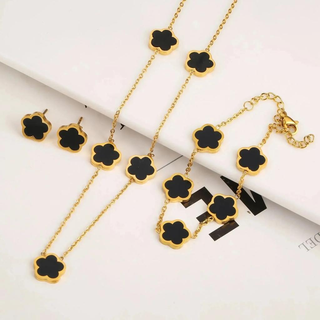 316L Stainless Steel Five Leaf Clover Pattern Bracelet Necklace Earrings Jewelry Set Classic for Women Trend Party Charm Gifts