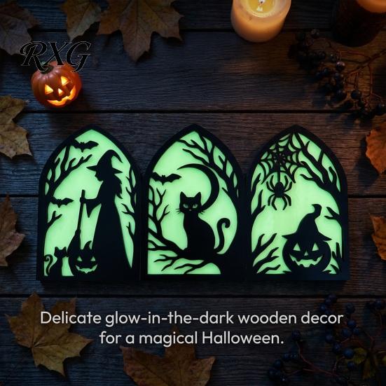 Ghost Witch Black Cat Decor Halloween Wooden Screen Ornaments, Glow in The Dark Gothic Arch No Assembly Ornaments Decor, Atmosphere Supplies for Home