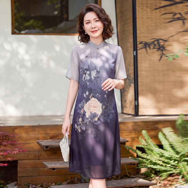 Elegant New Chinese Style Print Midi Dress