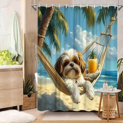 1 Stück Shih Tzu Hund Duschvorhang - Weiß & Braun, Hängematte am tropischen Strand, Palmen & Ozean, 70.8X70.8", Polyester, waschbar