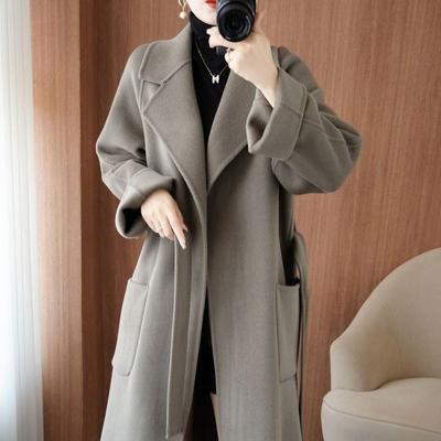 French Style Wool Belted Coat Women Long Loose Fit Simple Elegant Autumn Winter Warm Overcoat