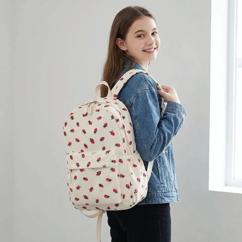 Lightweight Students School Bag Strawberry Students Daypack Storage Bag Corduroy Backpack  Travel