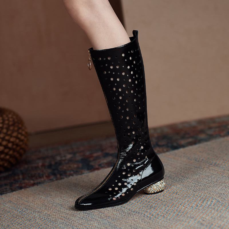 Krazing Pot – bottes d'été à bout rond en microfibre, décorations creuses à la mode, bottes d'été, cuissardes hautes