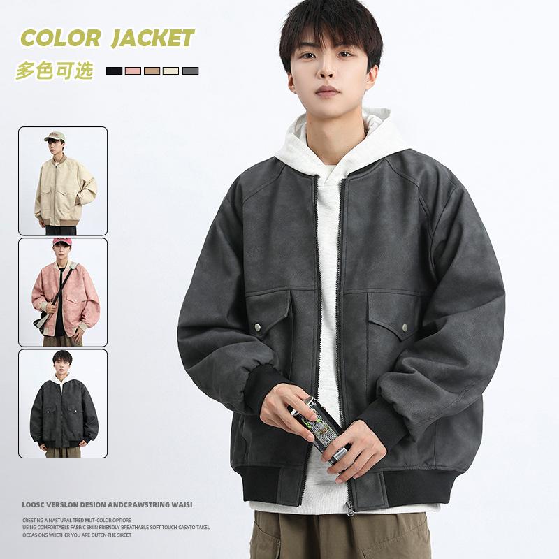 Autumn new large size fat couple casual Hong Kong style PU leather jacket men's loose solid color coat
