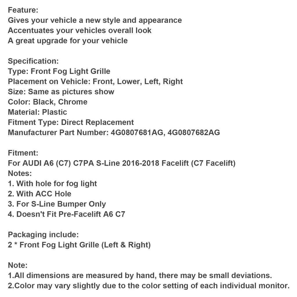 Fog Light Front Bumper Lower Grill 4G0807681AG 4G0807682AG  Fit A6 4G C7 A6l 2011-18