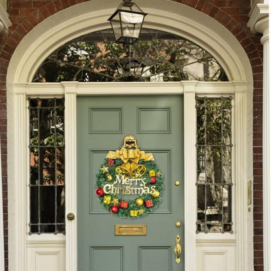 13 Inch Christmas Wreath, Artificial Pine Garland with Bowknot Bells Deer Red Berries Flower Gifts for Christmas Party Decor Front Door Wreath