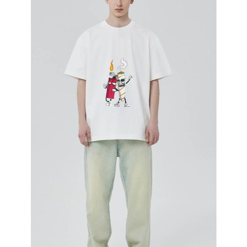 Crew Neck T Shirt Black Lighter and Joint Cartoon Print Casual Wear for Men and Women Streetwear Fashion Summer Outfit