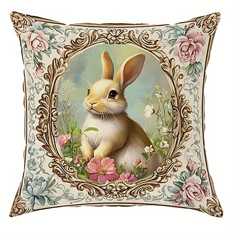 

Rabbit with Egg in Floral FrameSuitable for sofa car bedroom decorative cushion cover pillow cover 16x16Inch