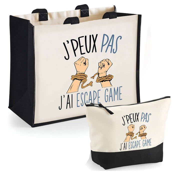 Duo cabas jute et trousse Escape Game J'peux Pas Cadeau Prénom Femme Anniversaire Noël | Sac de courses Pochette Maquillage Shopping