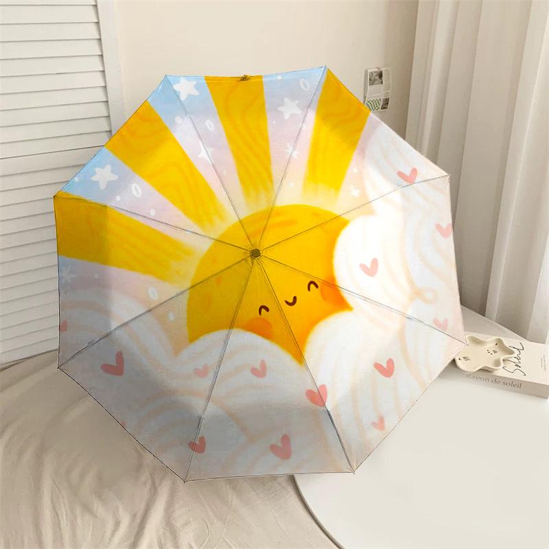 1pc Sunshine Clouds Automatic Folding Umbrella 8 Rib Iron Frame,  Suitable for Travel, Daily Use, Birthday, Women & Men Gift