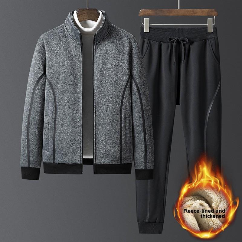 Winter Fleece-Lined Thickened Warm Casual Set Men's Sweatshirt Two-Piece Set Middle-Aged Elderly Sports Dad Outfit Jacket Men
