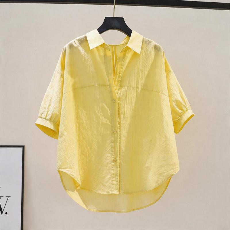 Women Casual Loose Turn Down Collar Short Sleeve Solid Shirt For Ladies