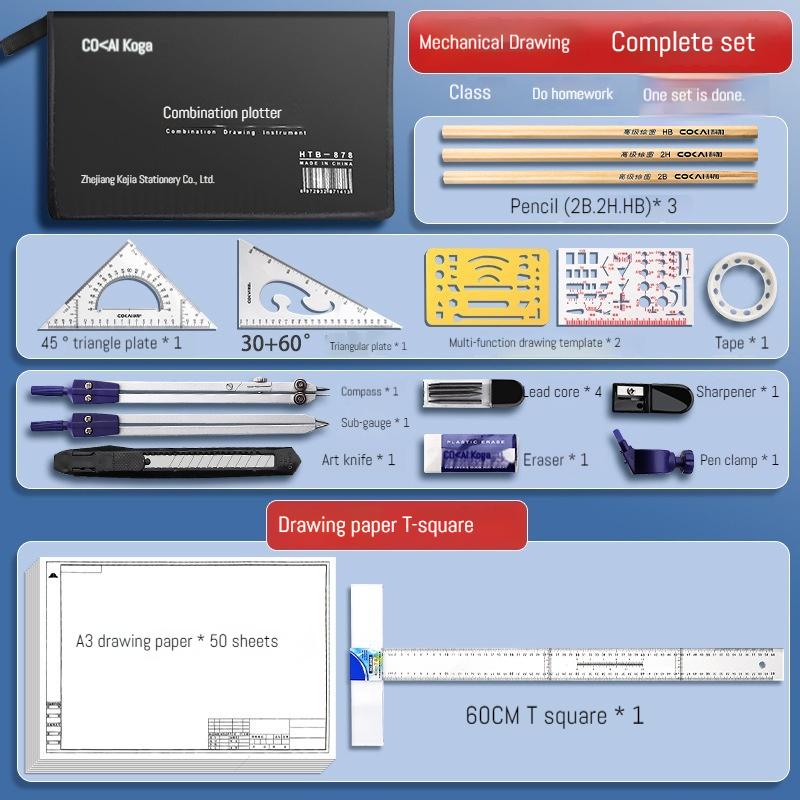 Maschinenbau Zeichenwerkzeugset Professionelles Zeichenpaket CAD-Zeichnung Studenten Schreibwarenset Lineal Zirkel Bleistift