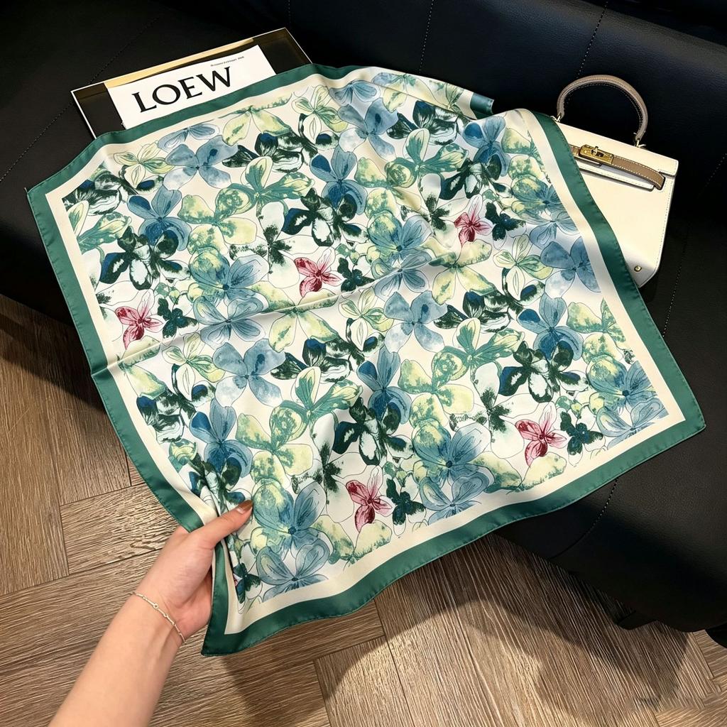 71Cm New Chinese Simulation Silk Square Scarf Soft and Skin-friendly Ink Flower Rhyme Printing Silk Scarf Neck Sunscreen Small Scarf