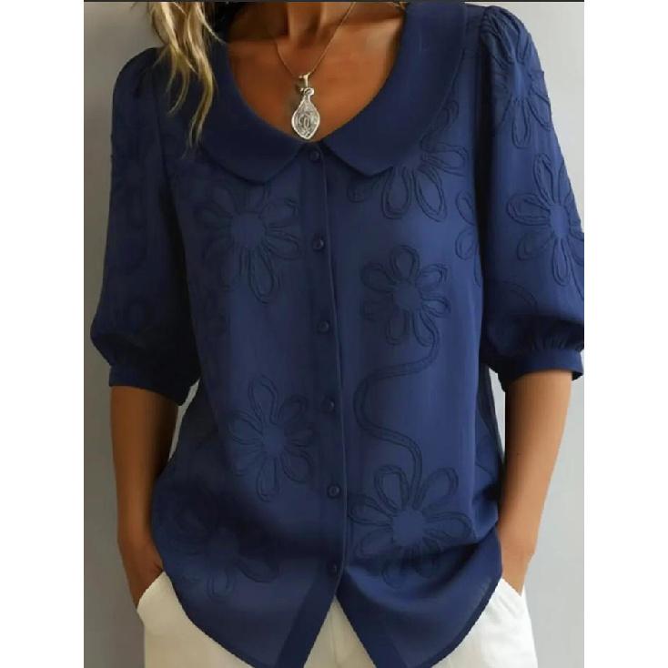 2026 Spring/Summer New Loose Casual Vintage Women s Button Embroidered Floral Mid-Sleeve Shirt S темно-синий