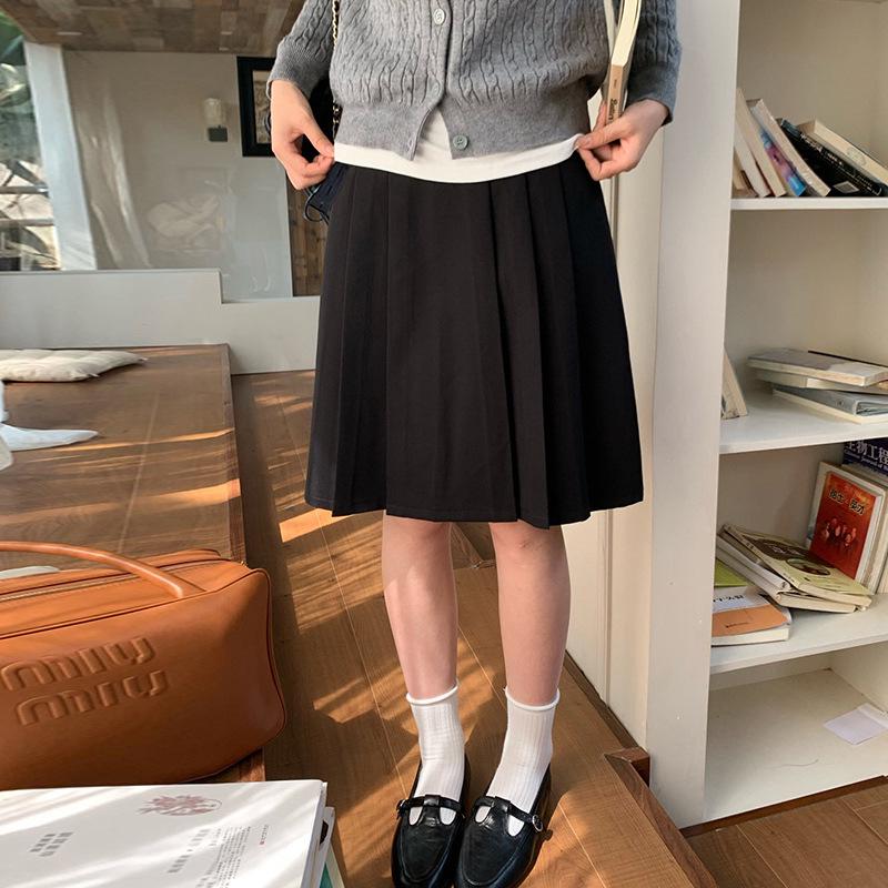 Korean Style Pleated Maternity Midi Skirt - Grey, Spring/Summer 2026 L