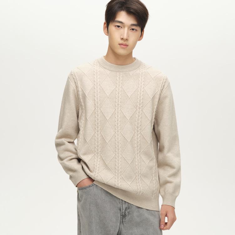 

WOOG2005 Men s Cable Knit Round Neck Sweater - 2025 Winter Collection, Loose Fit, Thick Knitwear, Casual Style L