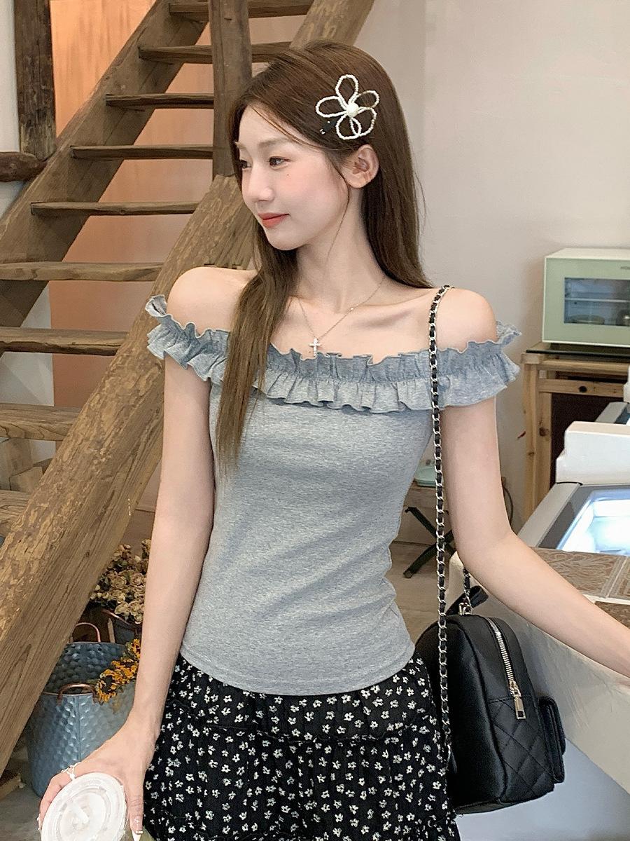 

Spice girl sexy one-word collar off-shoulder fungus edge pure desire short-sleeved T-shirt women s summer new super good-looking slim top S