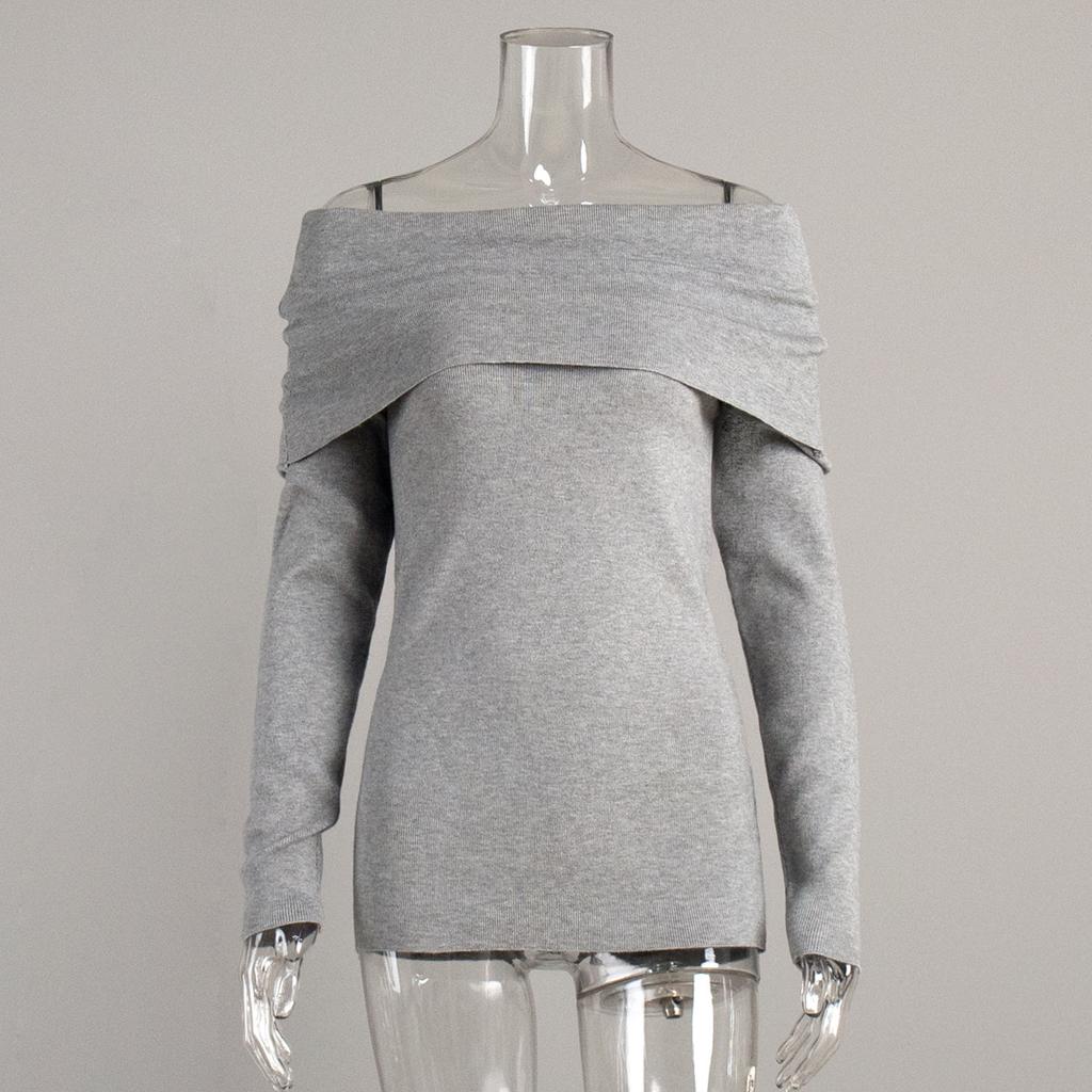 Spring Autumn Women's Sexy Off-shoulder Knitted Sweater Slim Stretch Long-sleeved Pullover Knitted Sweater