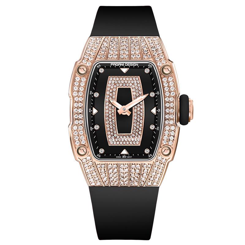 

PAGANI DESIGN модные водонепроницаемые кварцевые женские часы в форме тонны высокого класса чёрный/золотой