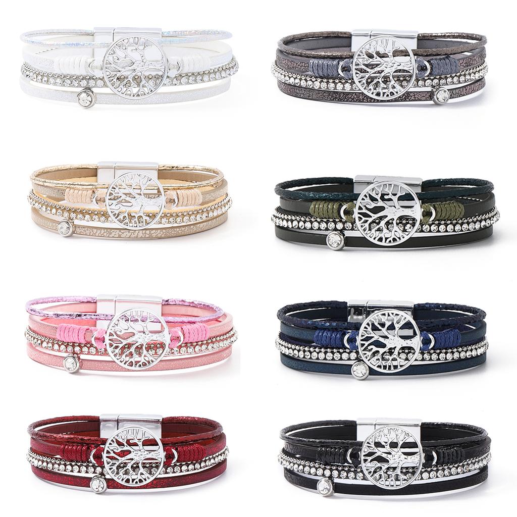 Bohemian Cabala Alloy Tree Life PU Leather Silver Plating Women's Charm Jewelry Dainty Magnet Clasp Wristband Gift